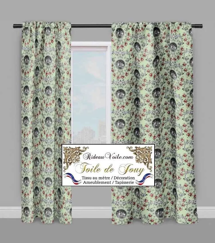 Tissu d'ameublement Toile de Jouy vert motif imprimé fleuri ornement Baroque