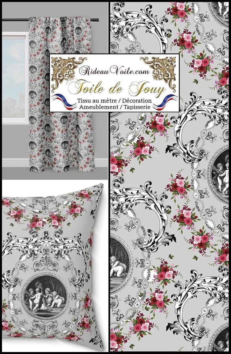 Tissu d'ameublement Toile de Jouy gris motif imprimé floral ornement Baroque
