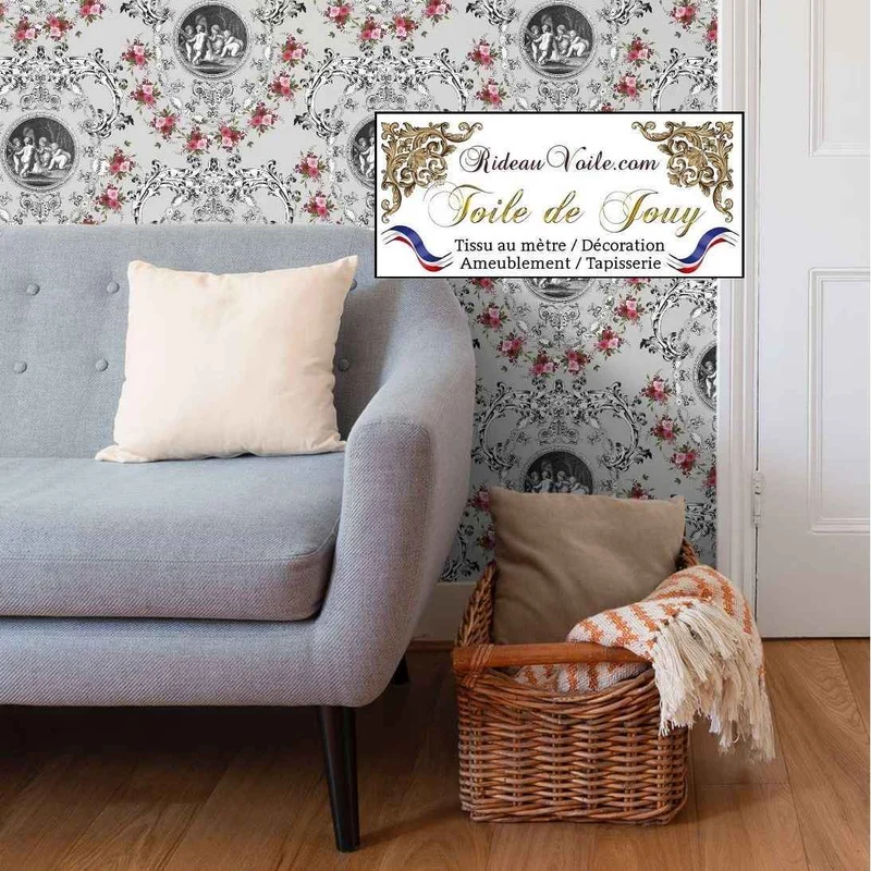 Tissu d'ameublement Toile de Jouy gris motif imprimé floral ornement Baroque