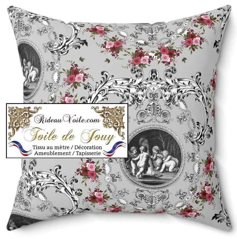 Tissu d'ameublement Toile de Jouy gris motif imprimé floral ornement Baroque