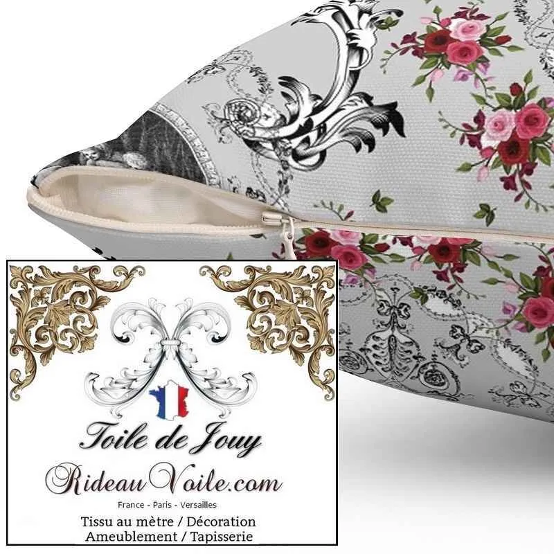 Tissu d'ameublement Toile de Jouy gris motif imprimé floral ornement Baroque