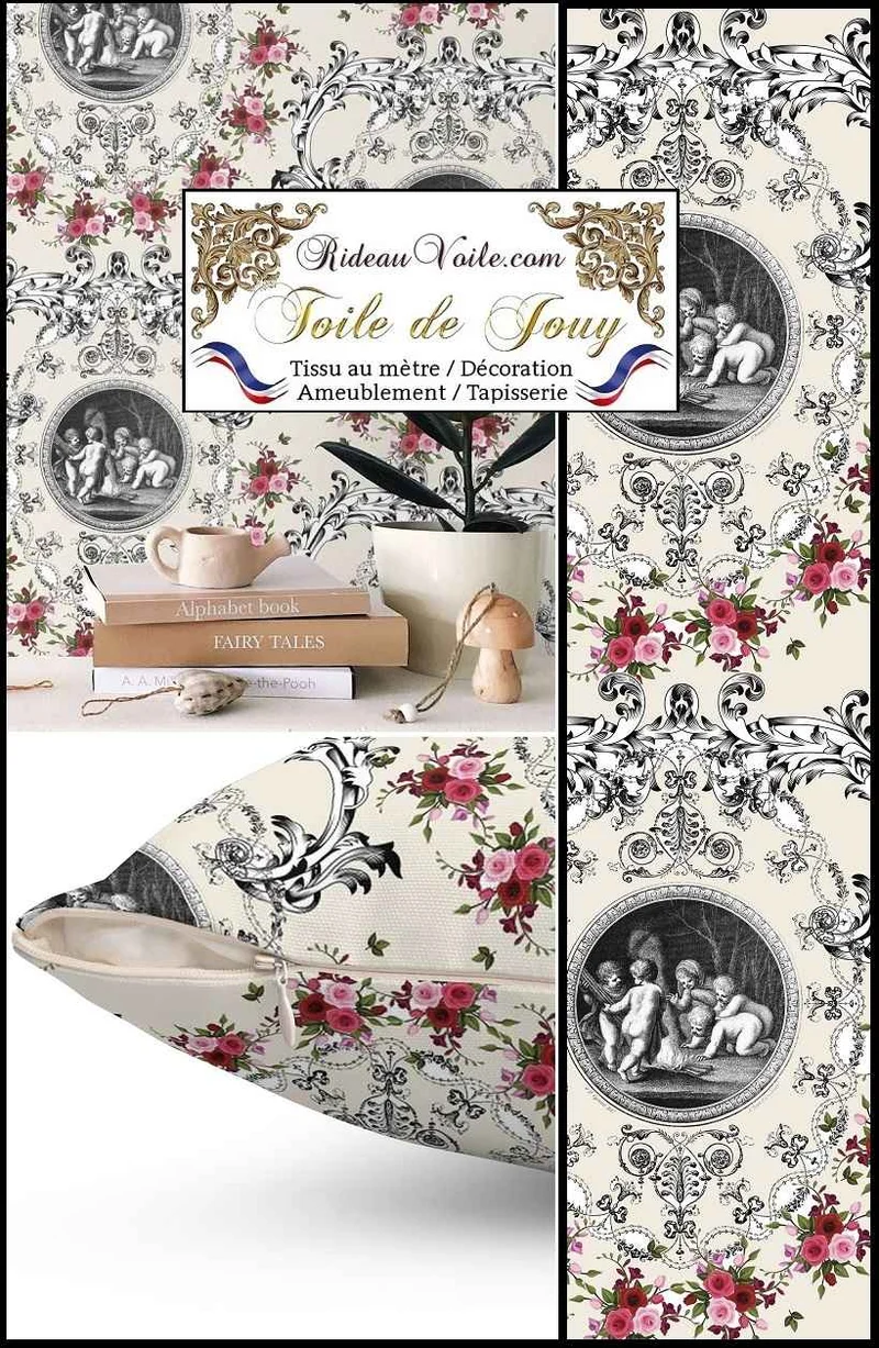 Tissu d'ameublement motif imprimé floral ornement Baroque Toile de Jouy beige