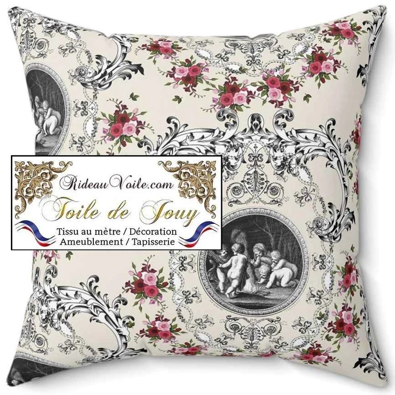 Tissu d'ameublement motif imprimé floral ornement Baroque Toile de Jouy beige