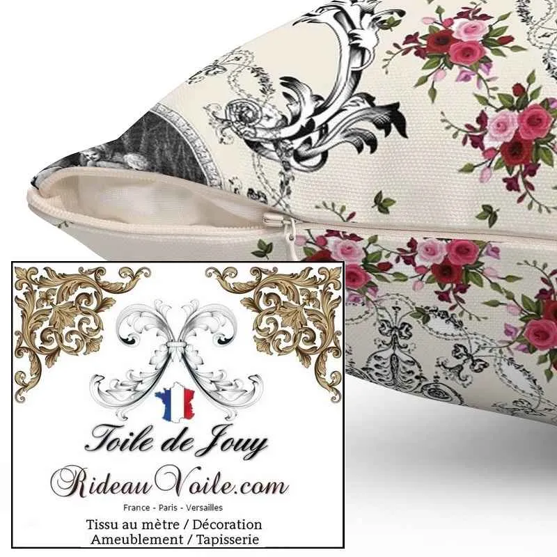Tissu d'ameublement motif imprimé floral ornement Baroque Toile de Jouy beige