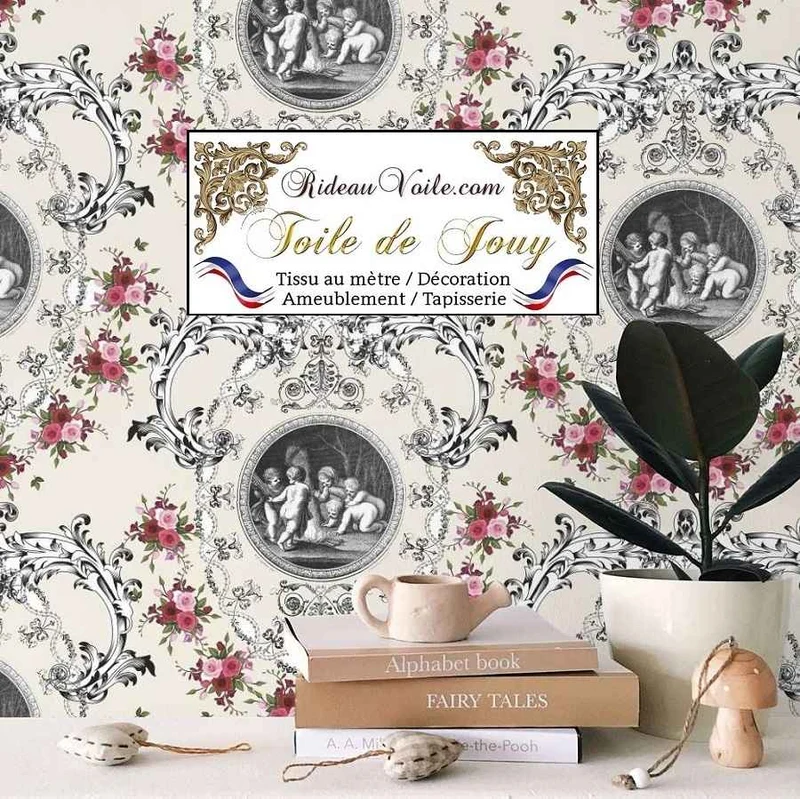 Tissu d'ameublement motif imprimé floral ornement Baroque Toile de Jouy beige