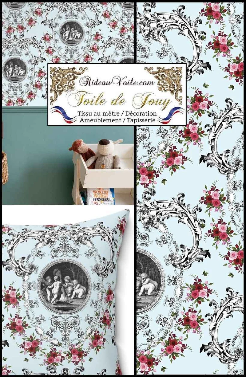 Tissu d'ameublement motif imprimé floral Anges Toile de Jouy bleu rideau