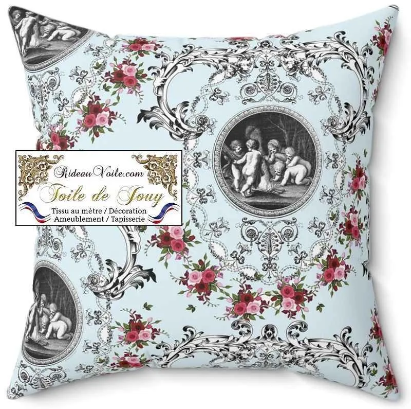 Tissu d'ameublement motif imprimé floral Anges Toile de Jouy bleu rideau