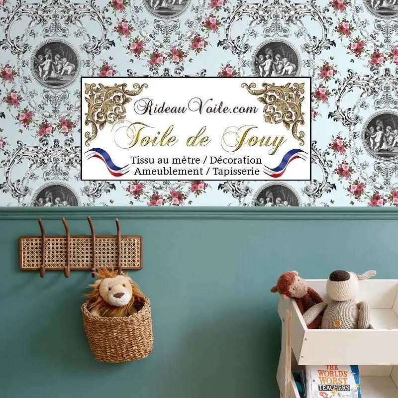 Tissu d'ameublement motif imprimé floral Anges Toile de Jouy bleu rideau