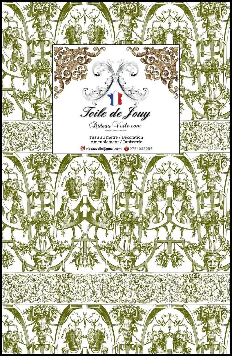 Décoration motif imprimé Toile de Jouy tissu tapisserie vert ameublement mètre
