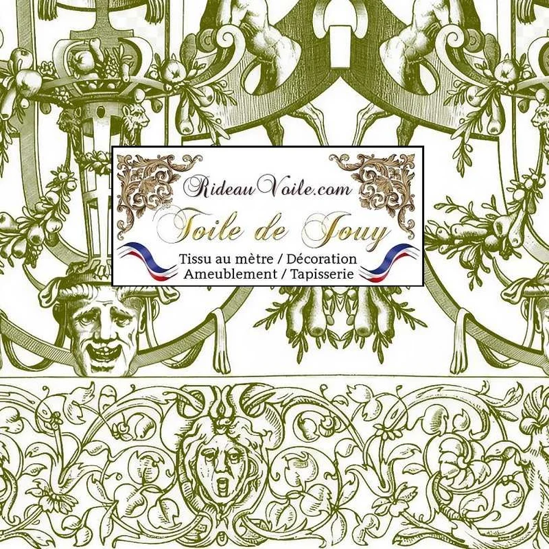 Décoration motif imprimé Toile de Jouy tissu tapisserie vert ameublement mètre