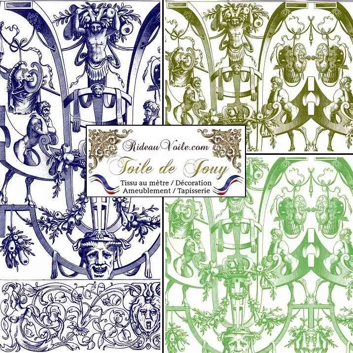 Décoration motif imprimé Toile de Jouy tissu tapisserie vert ameublement mètre