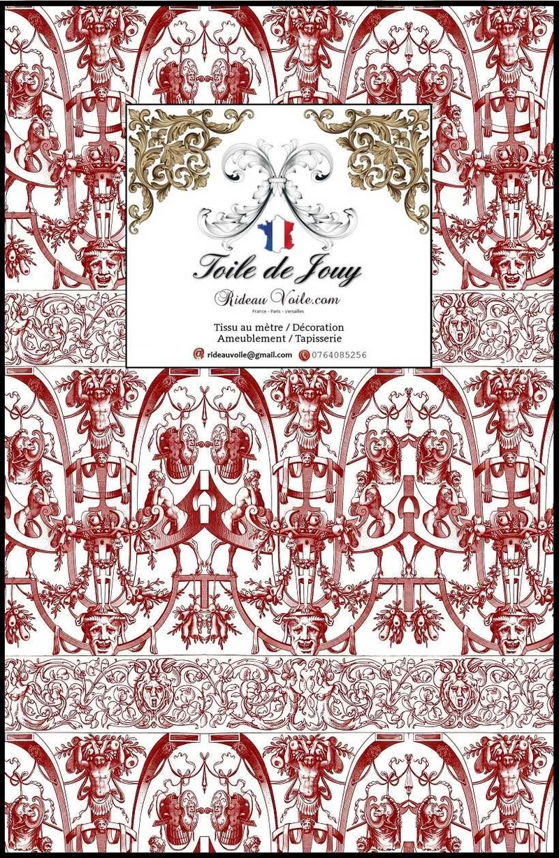 Toile de Jouy tissu rouge motif satyre grotesque ameublement mètre rideau