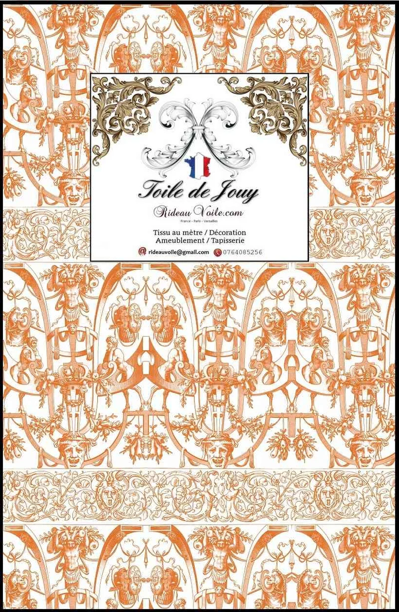 Toile de Jouy tissu orange motif satyre grotesque ameublement mètre rideau