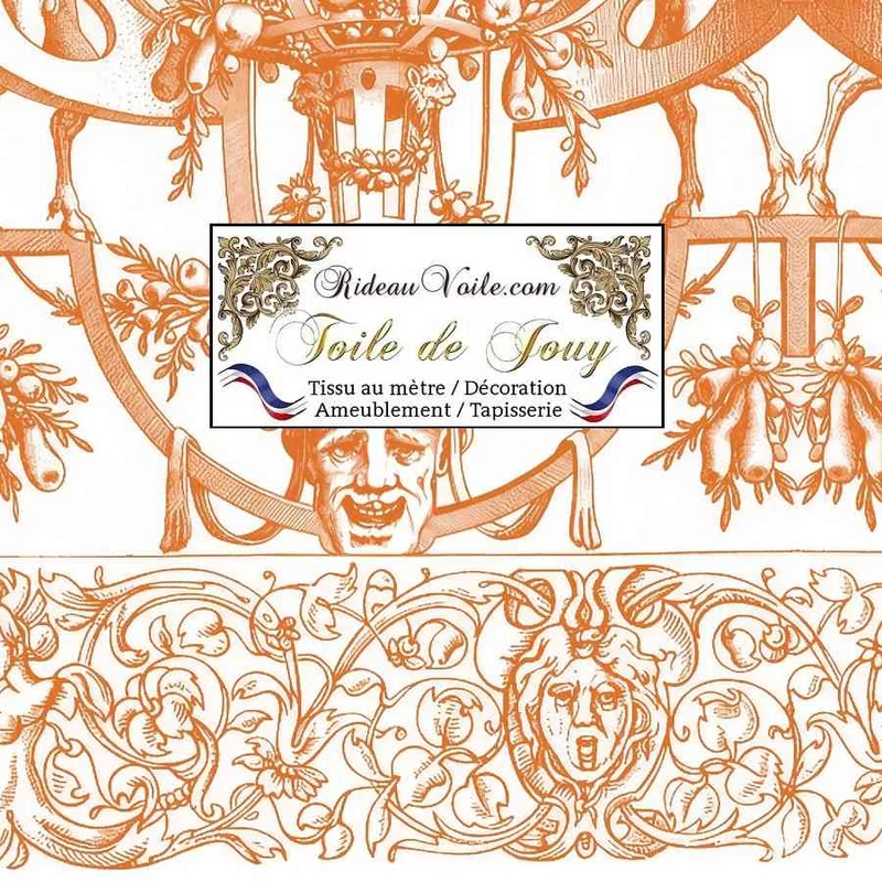 Toile de Jouy tissu orange motif satyre grotesque ameublement mètre rideau