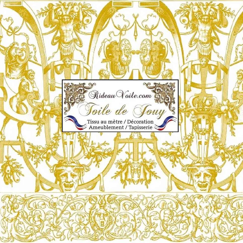 La toile de Jouy tissu jaune or motif grotesque ameublement mètre rideau voilage