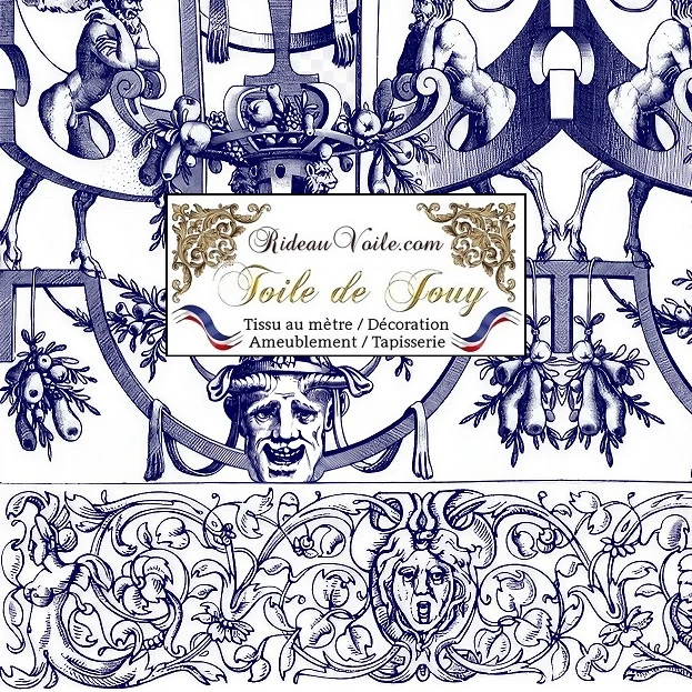 Tissu haut gamme imprimé Toile De Jouy ameublement mètre rideau bleu