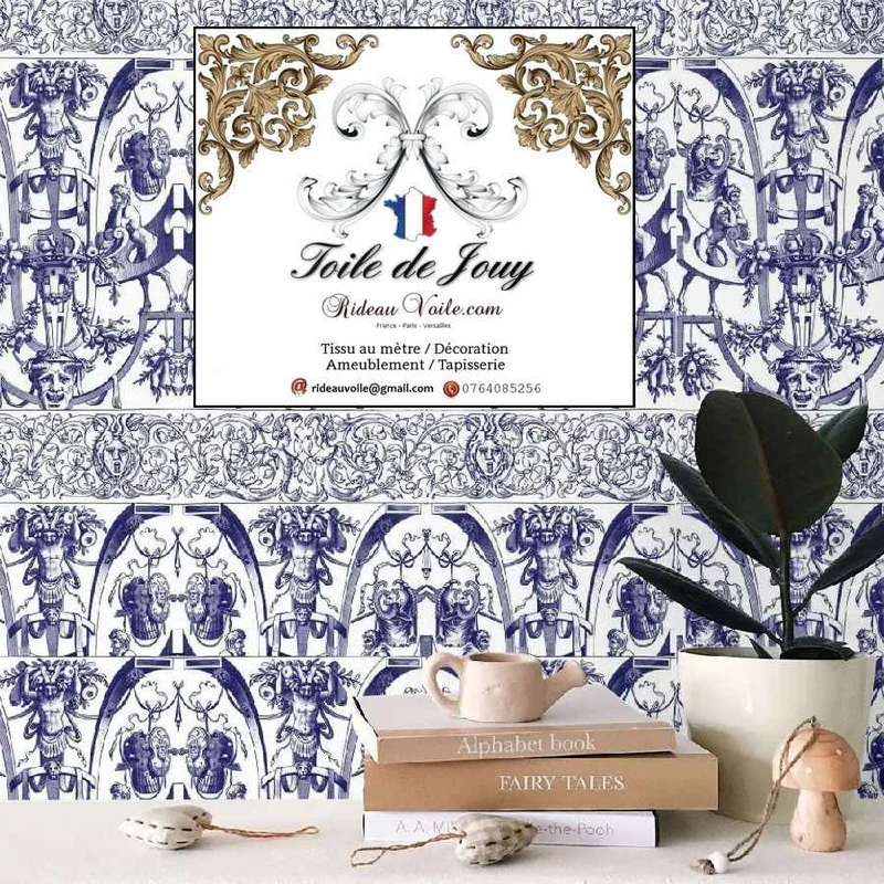 Tissu haut gamme imprimé Toile De Jouy ameublement mètre rideau bleu