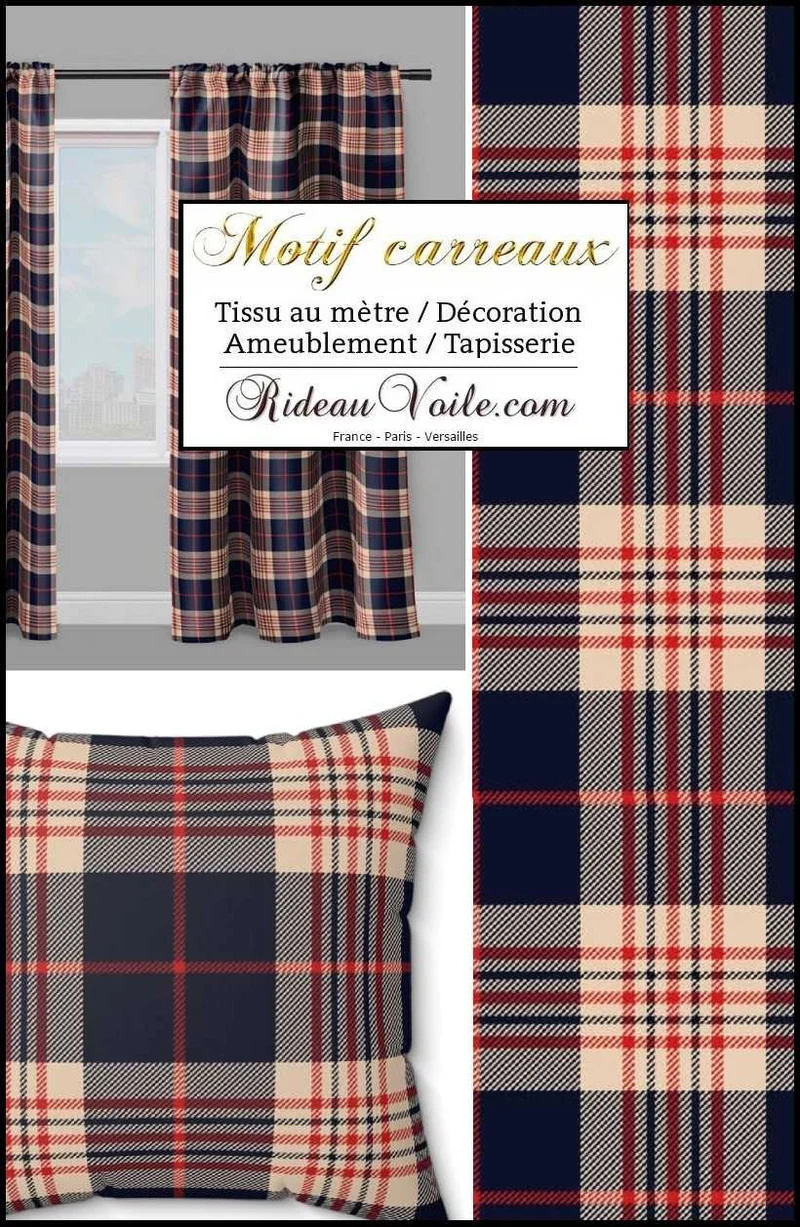 Toile de Lin coton Inspiration carreaux bleu écru lignes rouge tartan mètre rideau