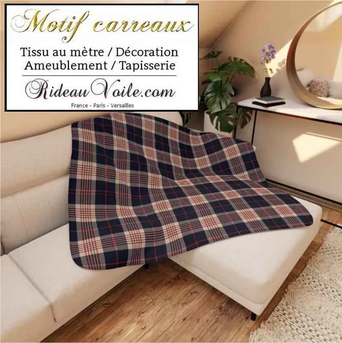 Toile de Lin coton Inspiration carreaux bleu écru lignes rouge tartan mètre rideau