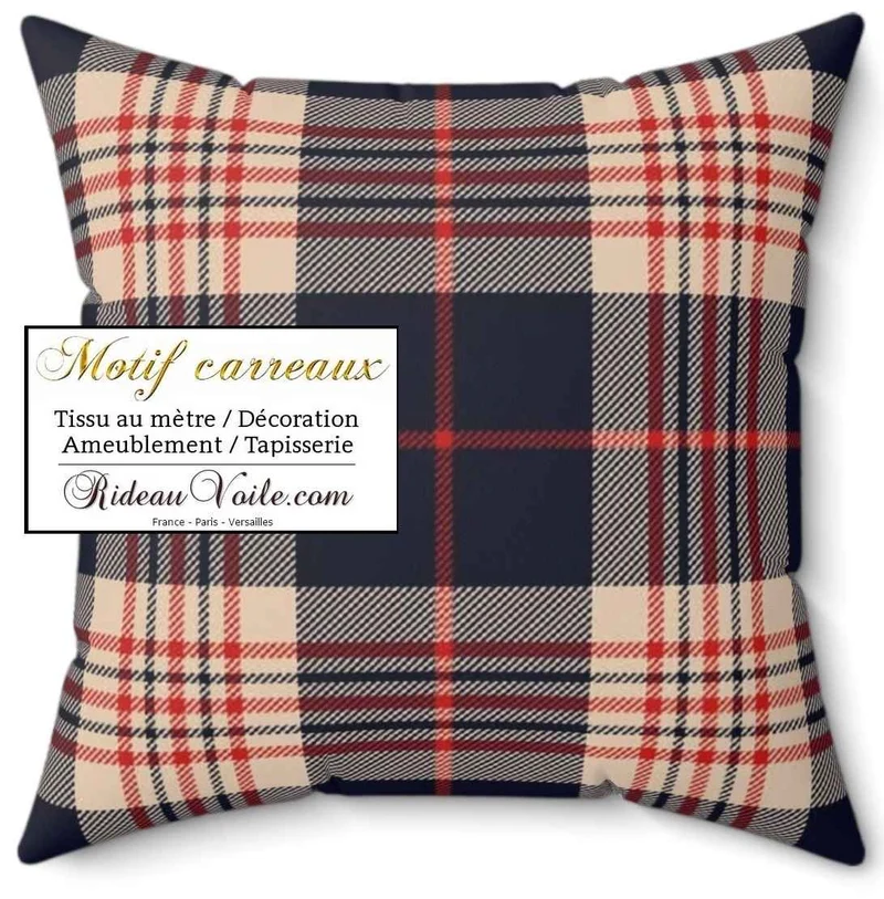 Toile de Lin coton Inspiration carreaux bleu écru lignes rouge tartan mètre rideau