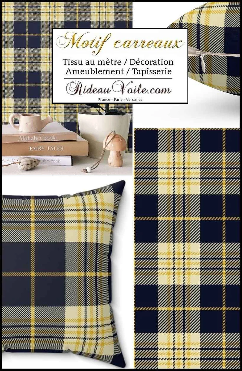 Tissu velours ameublement canapés imprimé à carreaux tartan bleu jaune