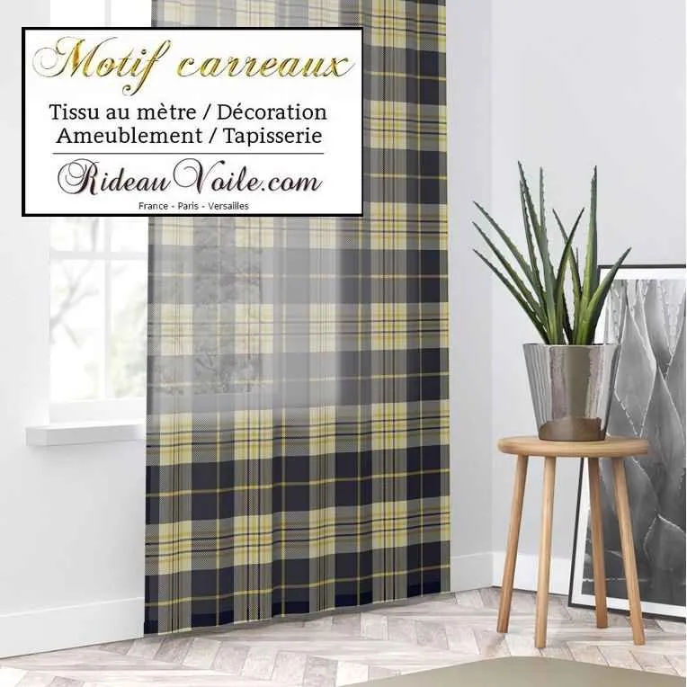 Tissu velours ameublement canapés imprimé à carreaux tartan bleu jaune