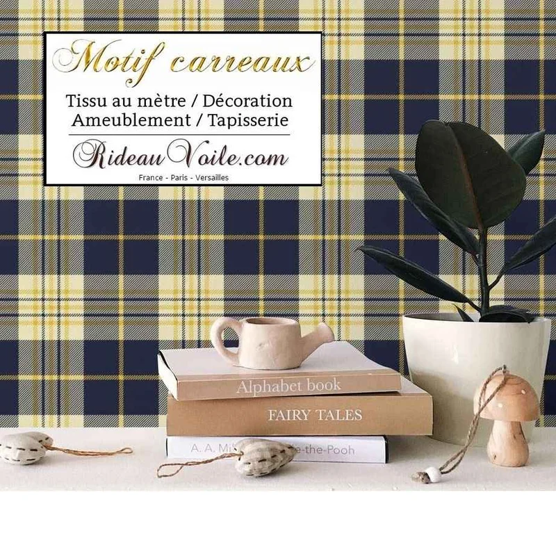 Tissu velours ameublement canapés imprimé à carreaux tartan bleu jaune