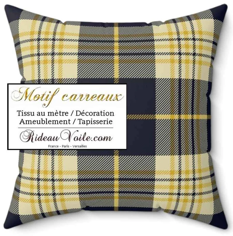 Tissu velours ameublement canapés imprimé à carreaux tartan bleu jaune