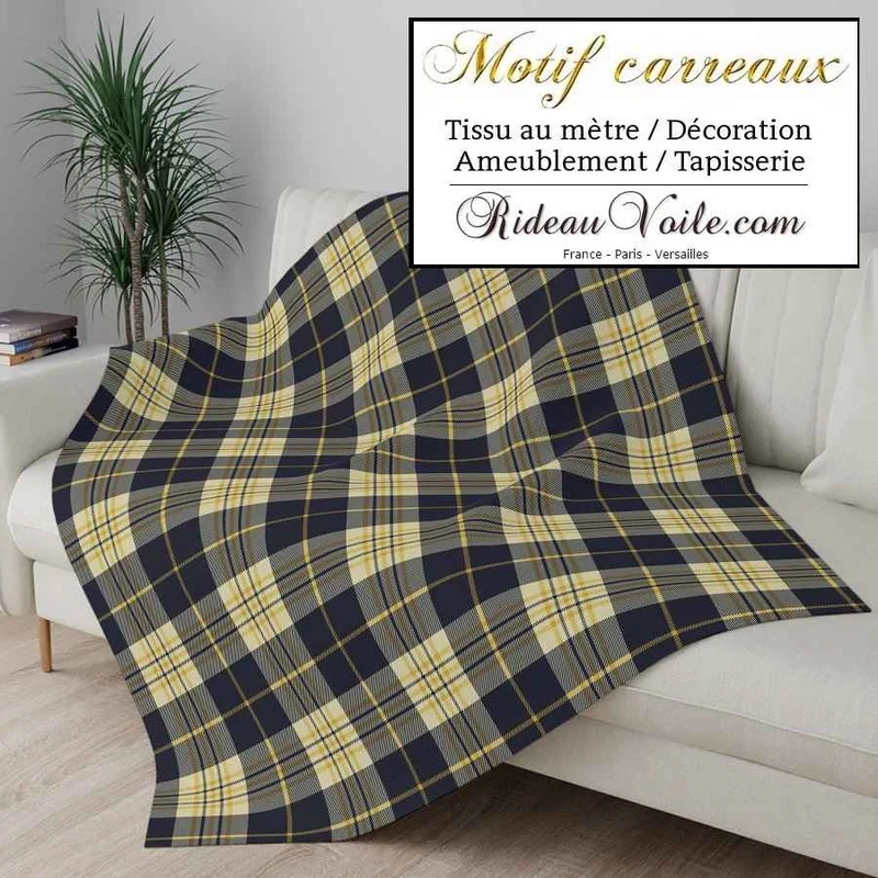 Tissu velours ameublement canapés imprimé à carreaux tartan bleu jaune