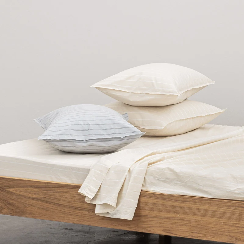 Drap housse en percale de coton lavé 300 fils • Rayures beiges blanches