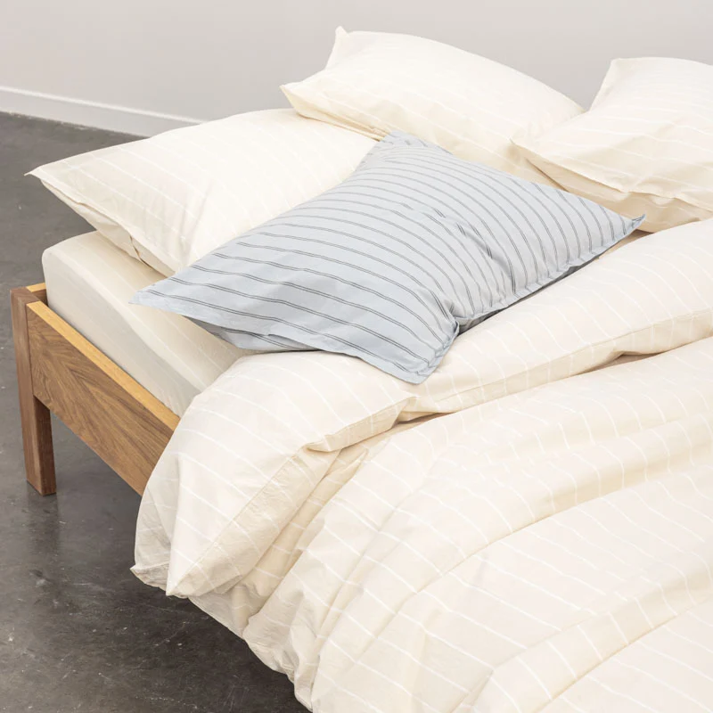 Drap housse en percale de coton lavé 300 fils • Rayures beiges blanches