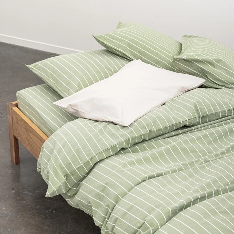 2 taies d'oreiller en percale de coton lavé 300 fils • Rayures vertes blanches