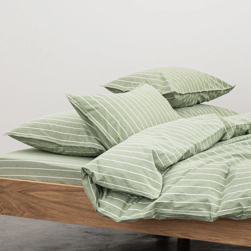 2 taies d'oreiller en percale de coton lavé 300 fils • Rayures vertes blanches
