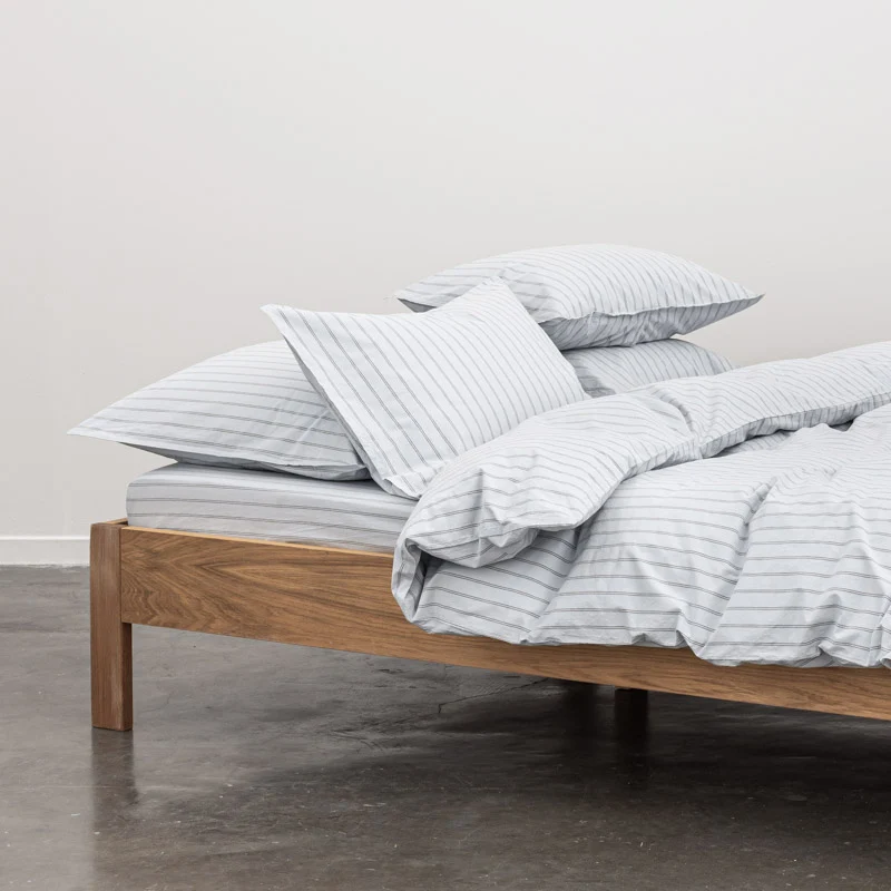 2 taies d'oreiller en percale de coton lavé 300 fils • Rayures Bleues grises