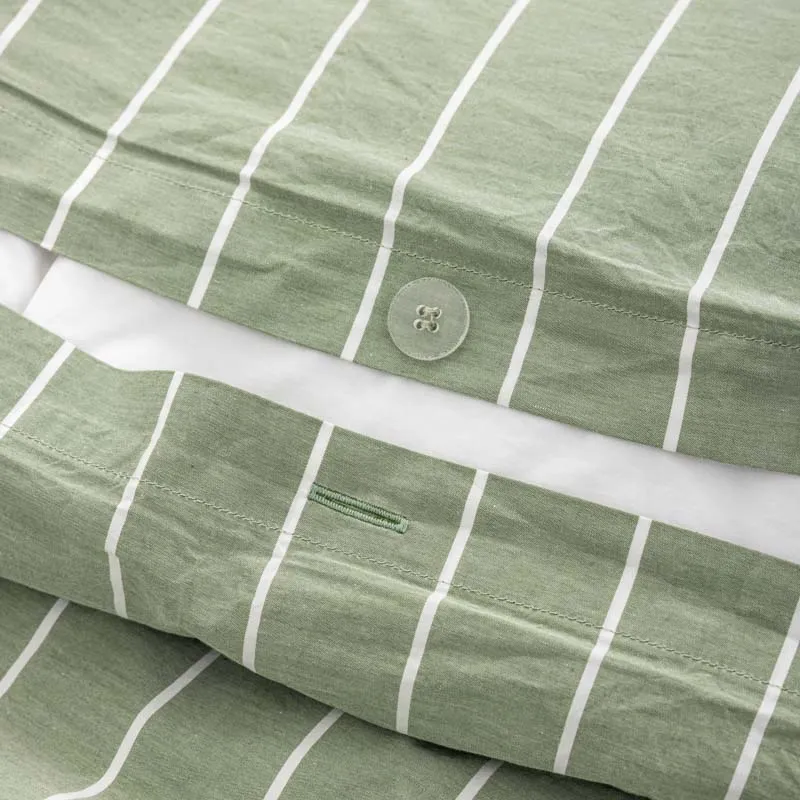 Parure de lit en percale de coton lavé 300 fils • Rayures vertes blanches
