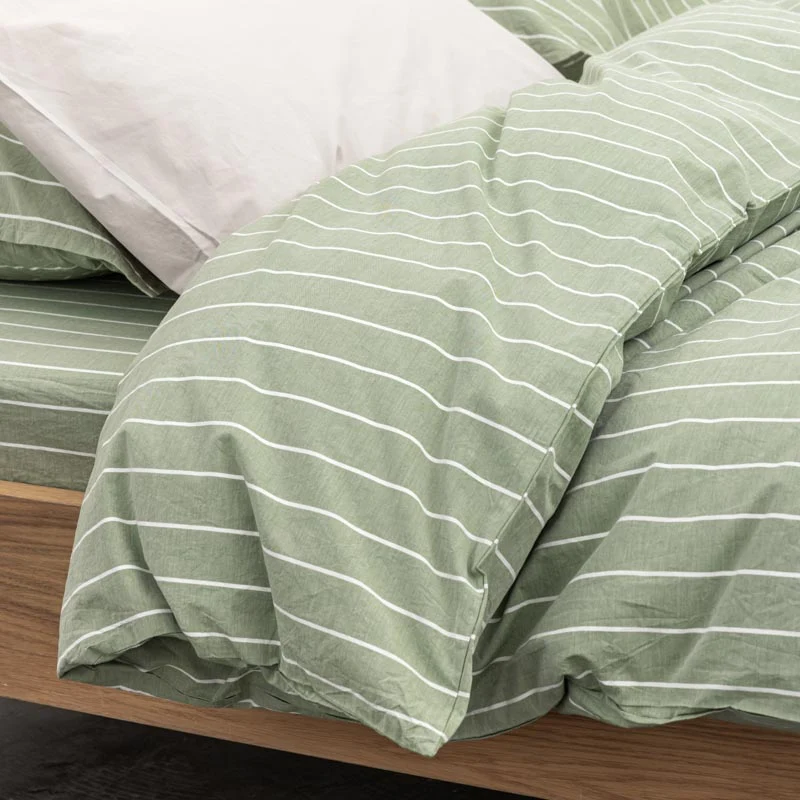 Parure de lit en percale de coton lavé 300 fils • Rayures vertes blanches