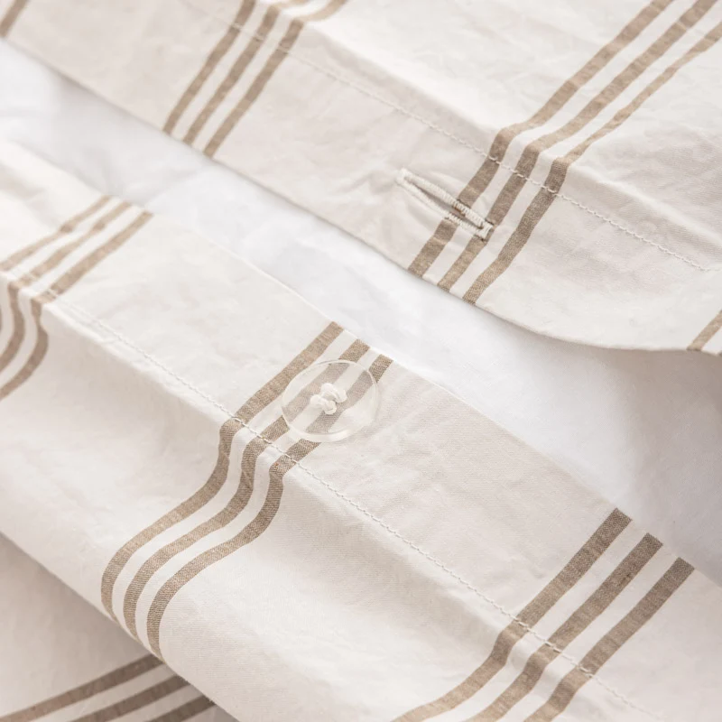 Parure de lit en percale de coton lavé 300 fils • Rayures beiges marrons