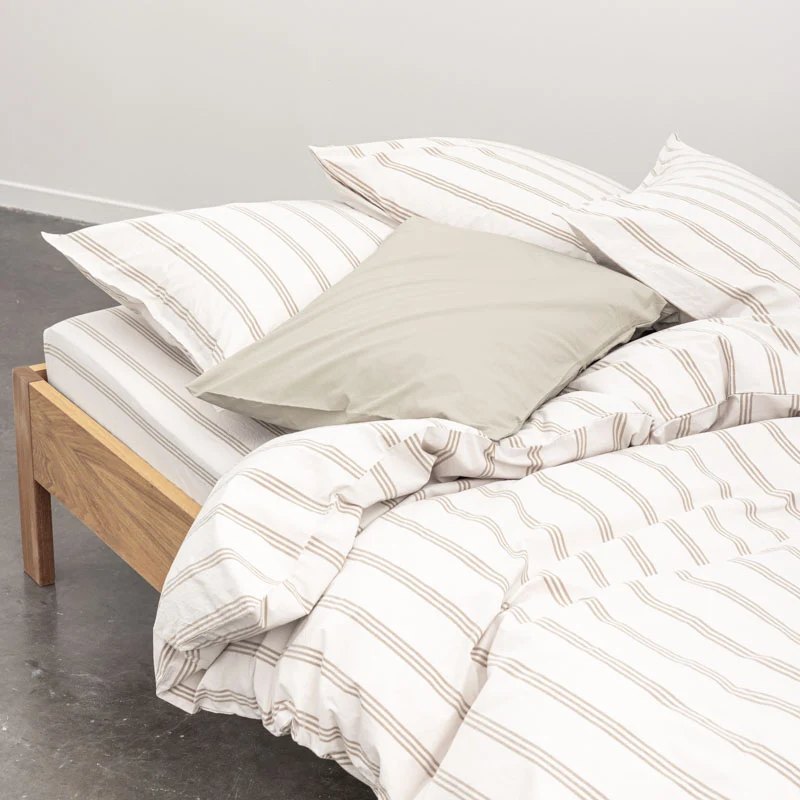 Housse de couette en percale de coton lavé 300 fils • Rayures beiges marrons