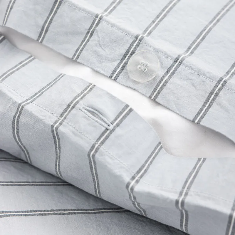 Housse de couette en percale de coton lavé 300 fils • Rayures Bleues grises
