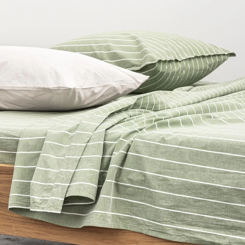 Drap plat en percale de coton lavé 300 fils • Rayures vertes blanches