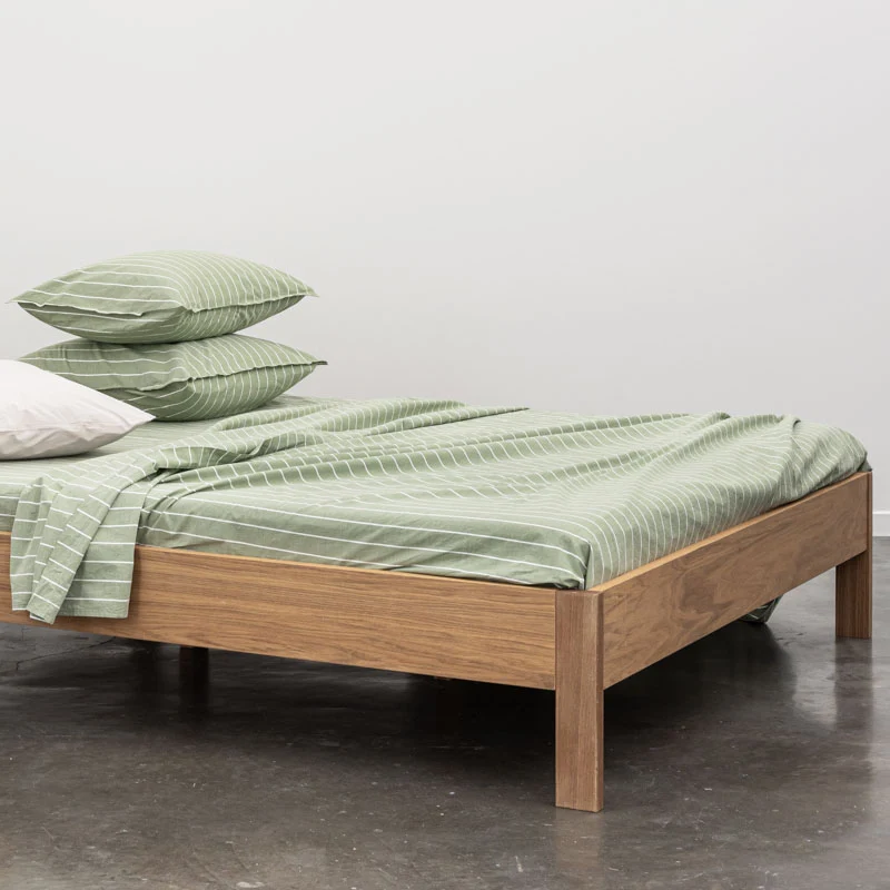 Drap plat en percale de coton lavé 300 fils • Rayures vertes blanches