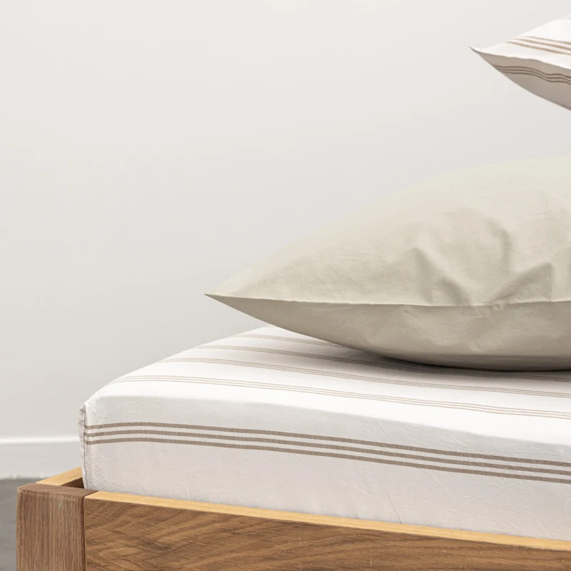 Parure de lit en percale de coton lavé 300 fils • Rayures beiges marrons