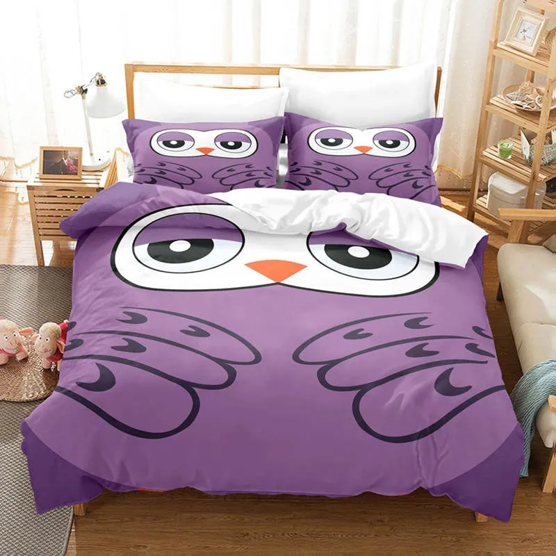 Housse de Couette et Deux Taies 3D Hibou Violet 140cm