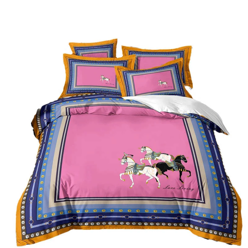 Housse de Couette et Deux Taies 3D Cheval Rose