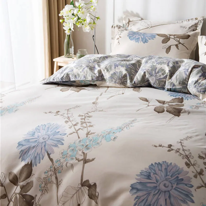 Housse de Couette et Deux Taies Fleuri Bleu Pale 240cm