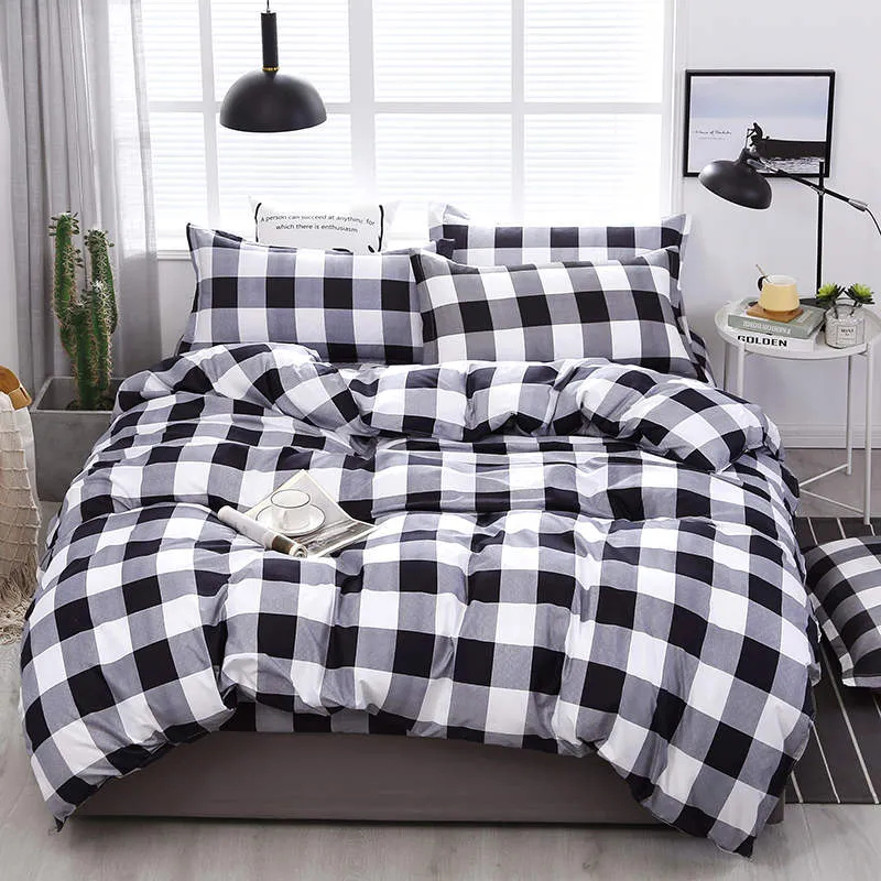 Housse de Couette et Deux Taies Carreaux Blanc Noir 240cm
