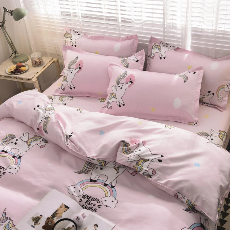 Housse de Couette et Deux Taies Licorne Rose 140cm