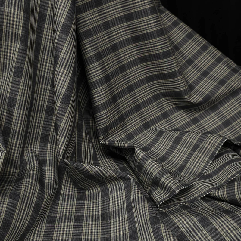 Tissu en coton tissé teint pour chemise | Fabriqué en Italie | Carreaux Noirs & Beiges