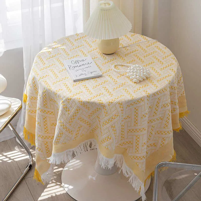 Nappe Table ronde en Lin (L180 cm) Franges Jaune/Rose