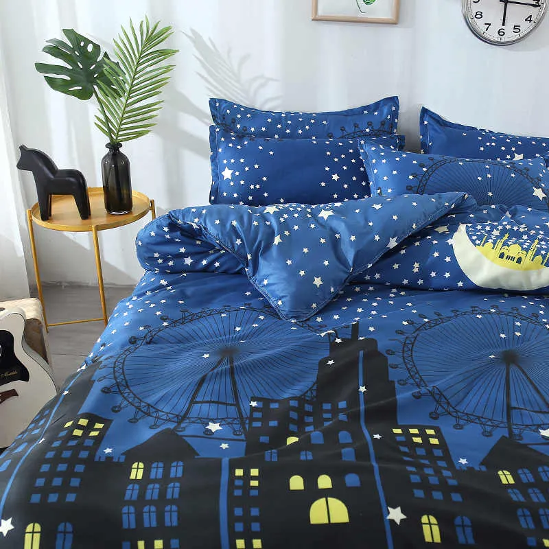 Housse de couette et deux taies étoile ville Bleu 240cm